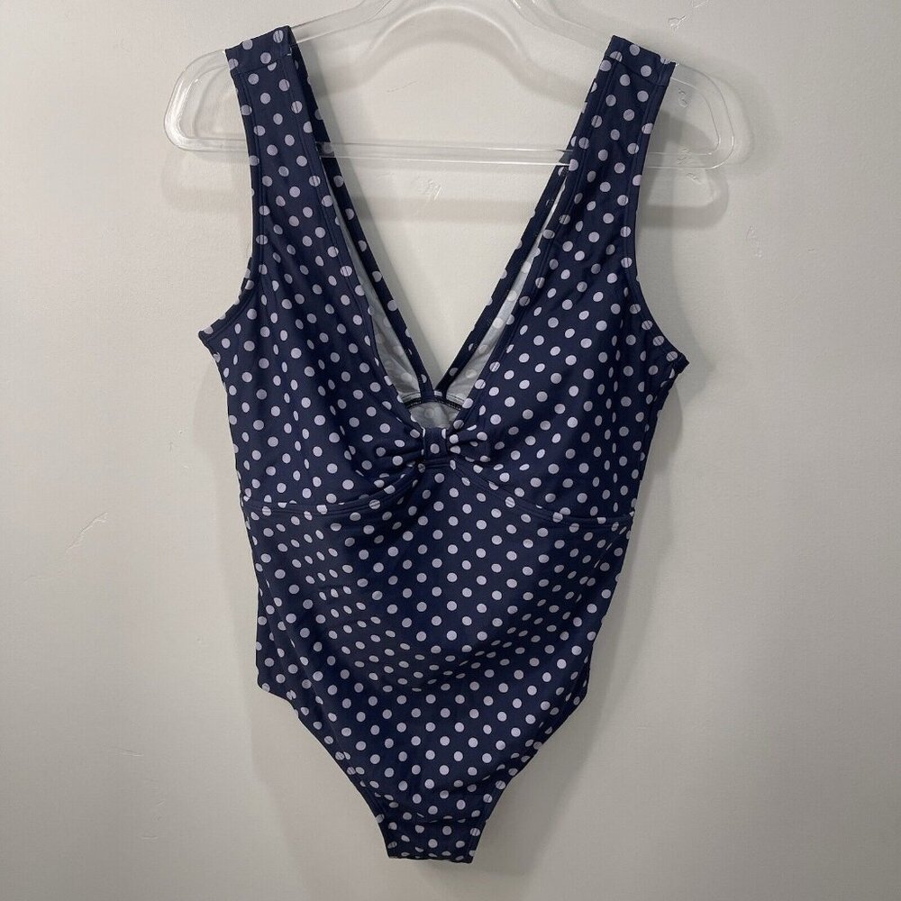 Kona Sol High Coverage One Piece Swimsuit Polka Dot Plunge Neck Blue Size L